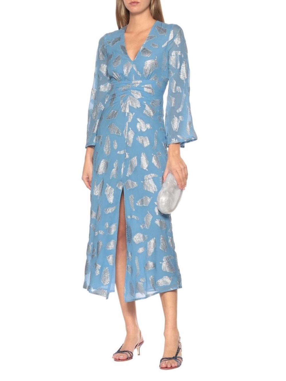 Rixo Indra Silk Metallic Feather Print Midi Maxi Dress Blue Silver Bell Sleeve